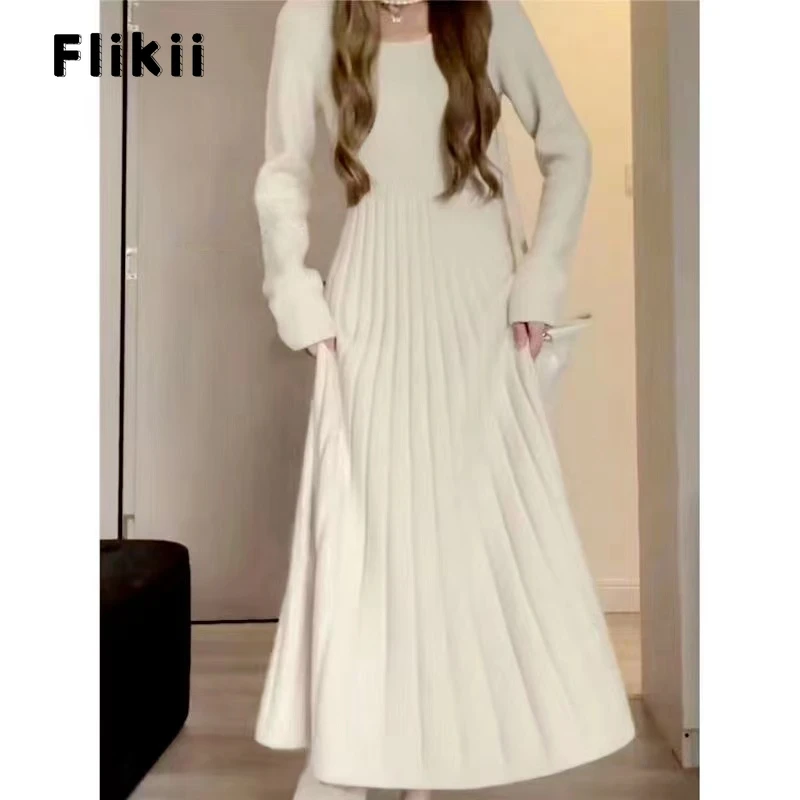 

Женское однотонное трикотажное платье миди, элегантное белое платье-трапеция с круглым вырезом и длинным рукавом, весна 2024