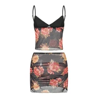 Hirigin – ensemble d'été pour femmes, sans manches, col en V, coupe basse, haut caraco + taille élastique, imprimé floral, mini jupe, tenues 2 pièces 4