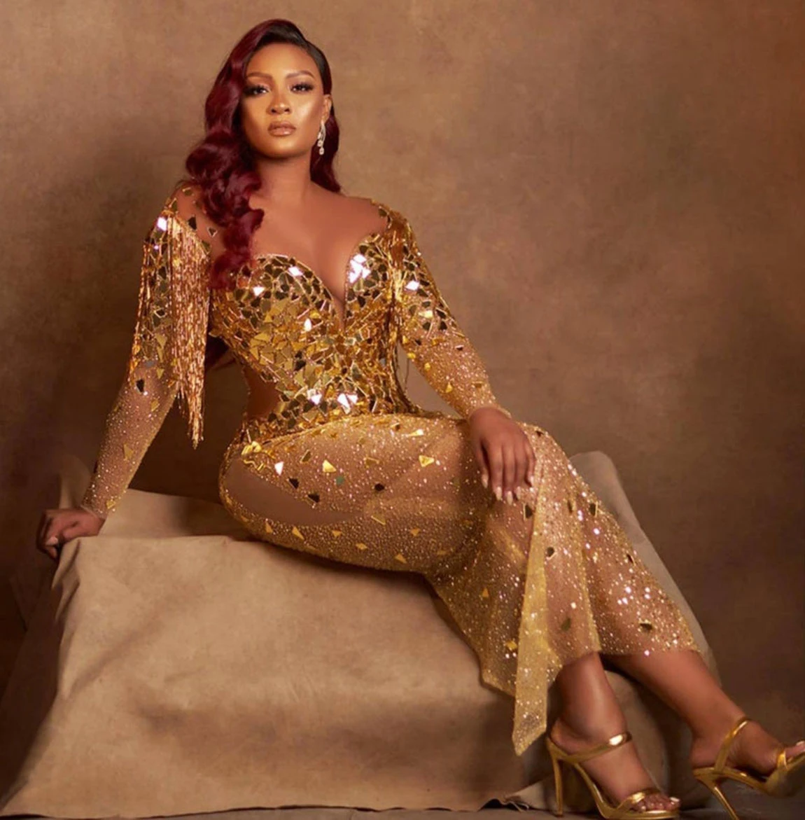 

African Women's Gold Beaded Formal Evening Gowns Long Sexy Sheer Sequins Celebrity Dress Long Sleeve Slit vestidos de noche 2023