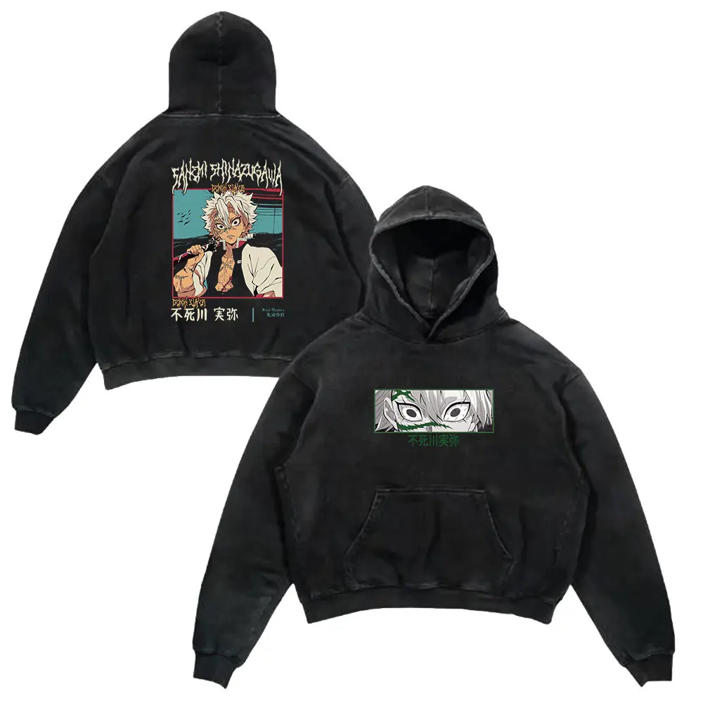 Anime Demon Slayer Retro Washed Hoodies Black Print Vintage Cotton Hooded Sweatshirts Oversize Hip Hop Male Pullover