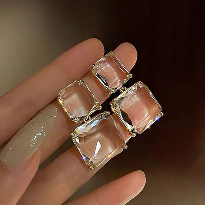 Transparent Square Glass Crystal Pendant Hanging Earring for