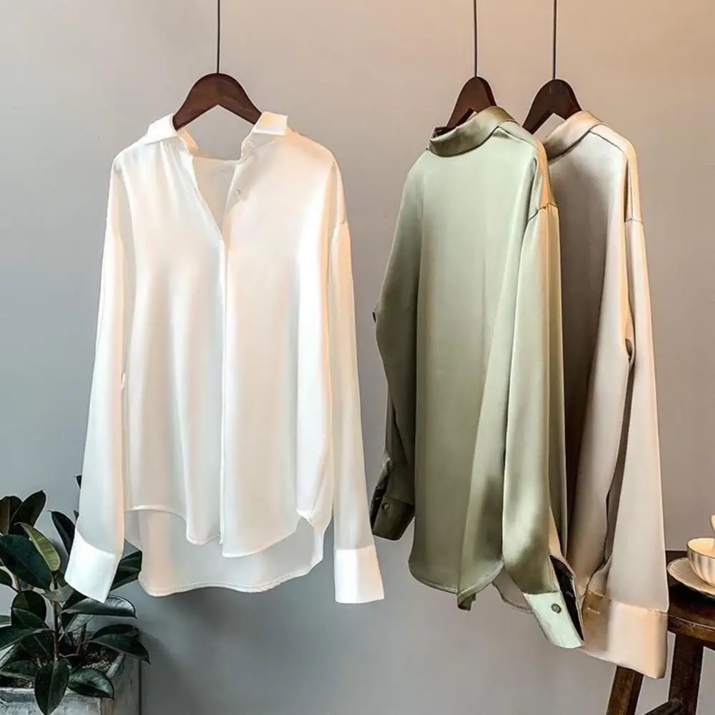 

Women Spring Fall Shirt Silky Satin Turn-down Collar Soft Top Breathable Long Sleeve Loose Formal Business OL Commute Blouse