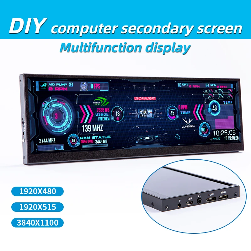 Portable 14inch monitor extension screen 4K computer desk with aida64 theme DIY3840x1100 monitor computer extension touch screen