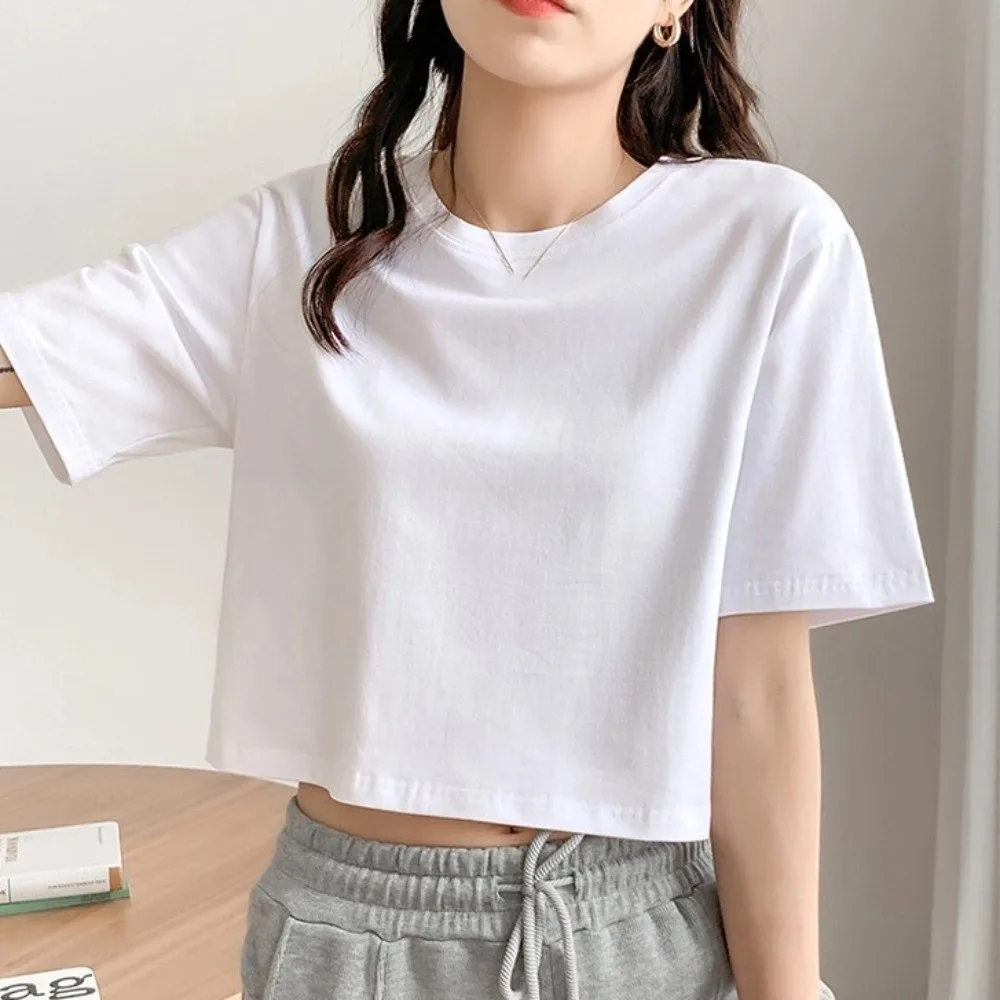 Description Picture 3 of itemIns Fashion U Neck Ultra Short T-Shirt Solid Color Korean Style Korean Short Tops Basic T-shirt Loose Black White Crop Top Dance