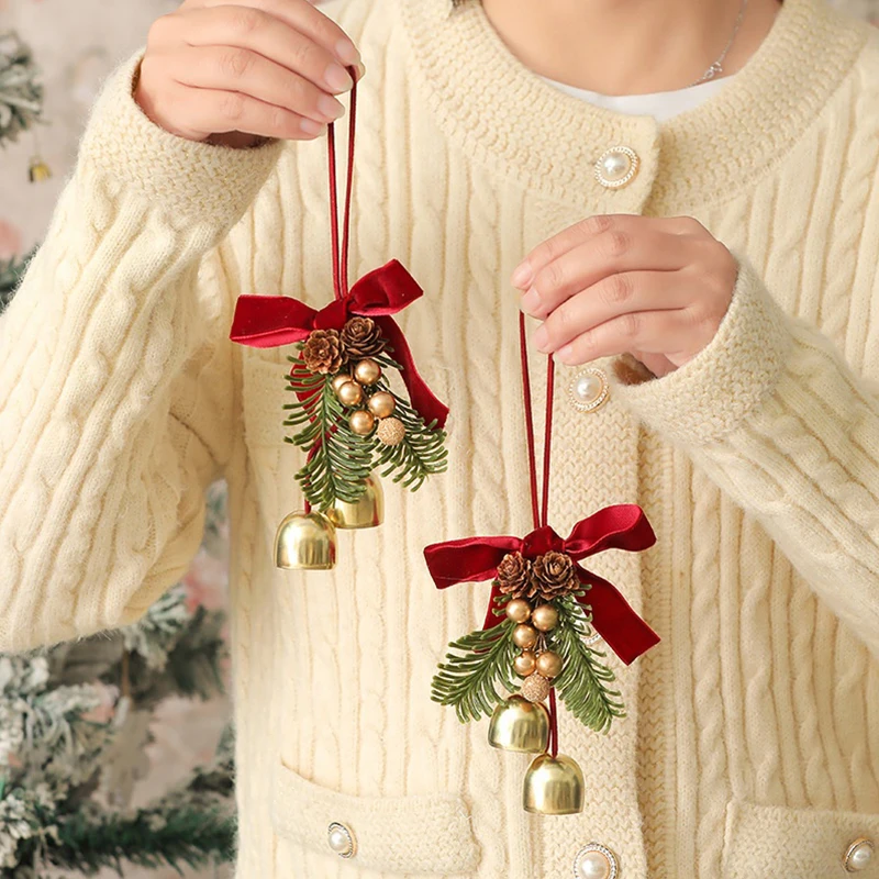 New Year Christmas Bells Bows Pinecones Decoration; Mixed Wreath Pendant for Car Window Tree