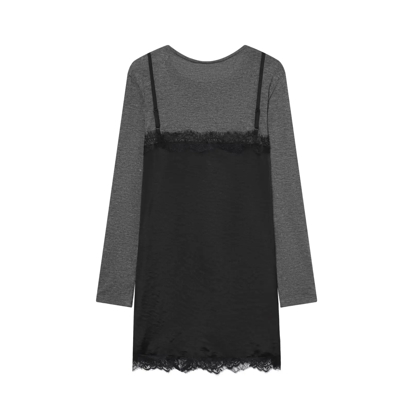 HH Damen Frühlings-Freizeitkleid mit Langen Ärmeln, Rundhalsausschnitt, Zweiteiliges Look, Spitzendekoration, Layering-Effekt, Vielseitiges Kleid für Frauen – Detail 3