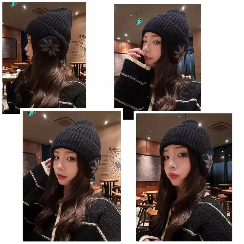 Men Women Winter Warm Plush Knitted Snow Fashion Hat Unisex New Outdoor Coldproof Ear Protection Wool Caps Snowflake logo 5
