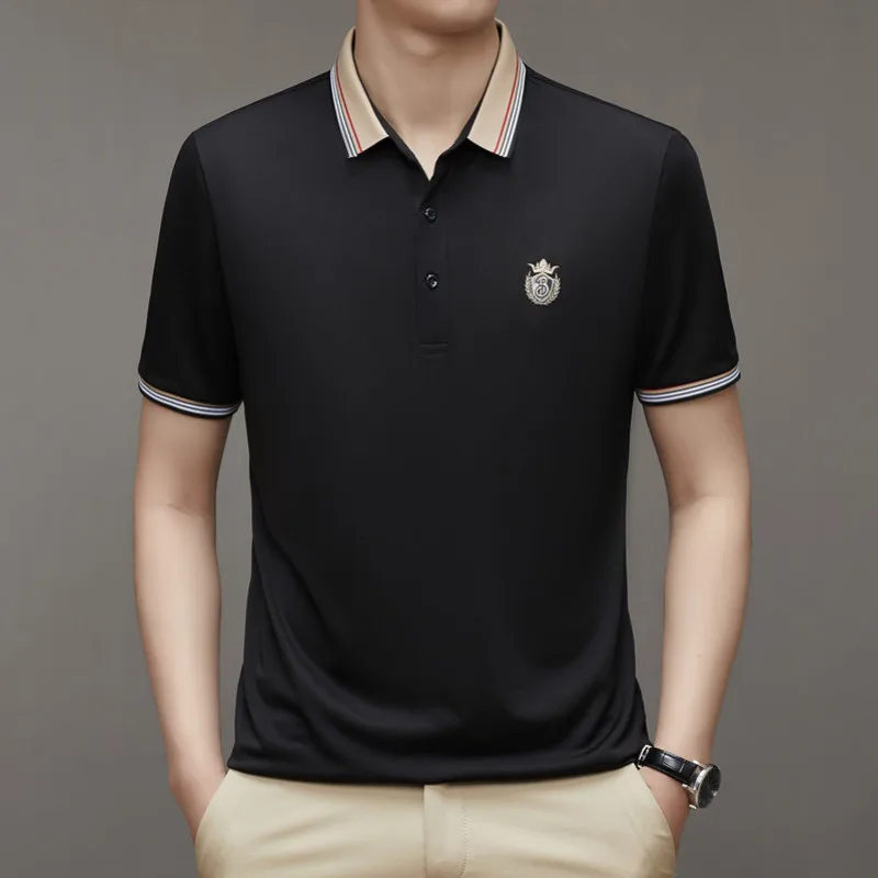 

2023 Summer Short Sleeve Shirt for Men Turn-down Collar Loose Solid Striped Letter Embroidery Button Polo Fashion Casual Tops