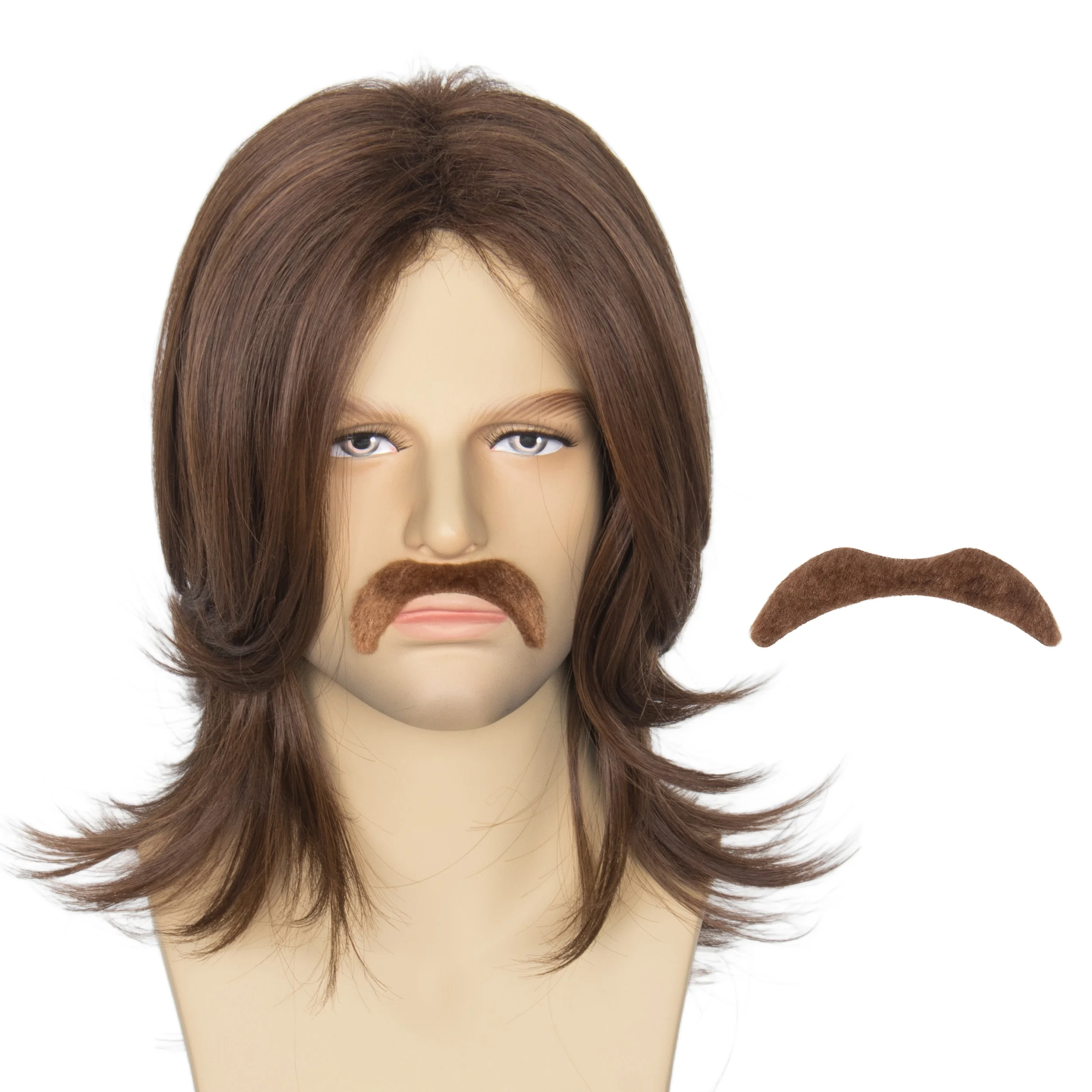 

Мужской парик в стиле ретро 60-х годов, коричневый парик с челкой и усами, прямой мужской парик средней длины