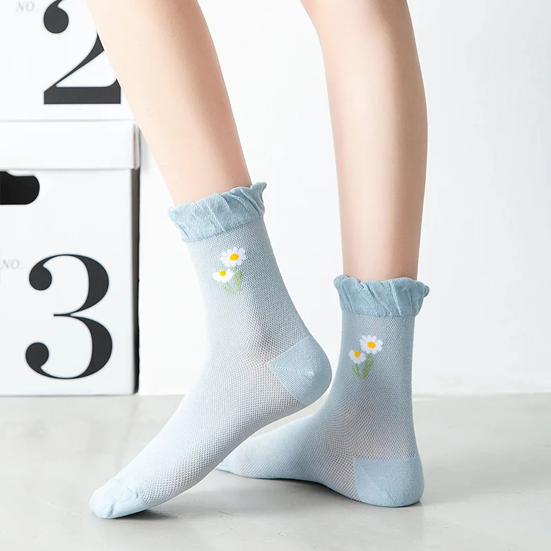 

Cotton Socks Women White Lace Female Thin Middle Tube Ins flower print Cute Cotton Spring Autumn Summer ruffle girls Stockings