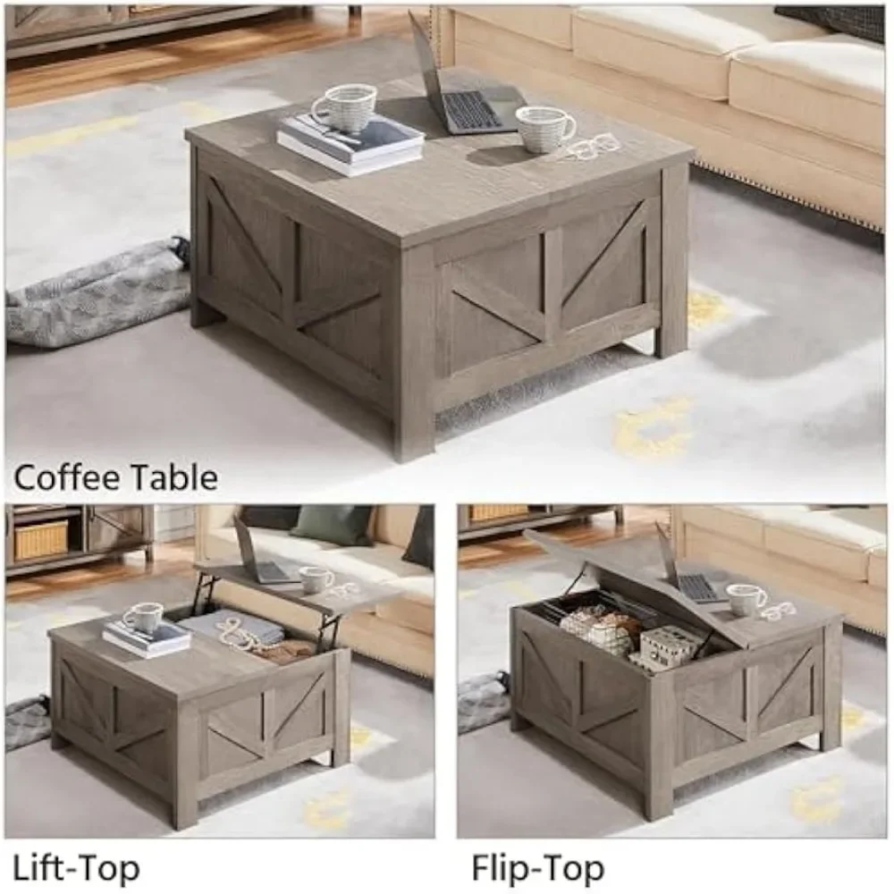 Lift Top Coffee Table, Square Farmhouse Coffee Table with Hidden Storage Compartment, Wood Center Table for Living Room, Gray 4