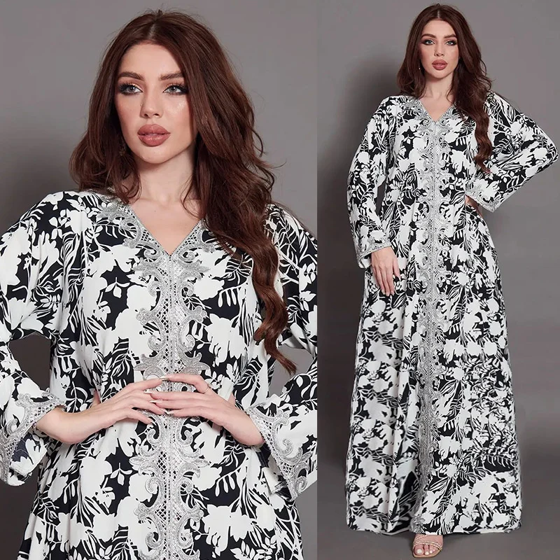 

Arab Women Dress Fashion National Women Gown Black White Printed Mosaic Lace Hem Dress Muslim Long Dress Arab Gown