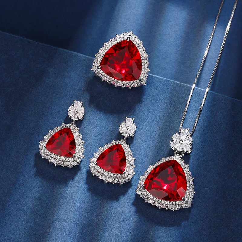 

EYIKA, винтажное треугольное искусственное рубиновое сапфировое камень, Большая подвеска, ожерелье, кольцо, серьги, роскошные циркониевые свадебные искусственные камни
