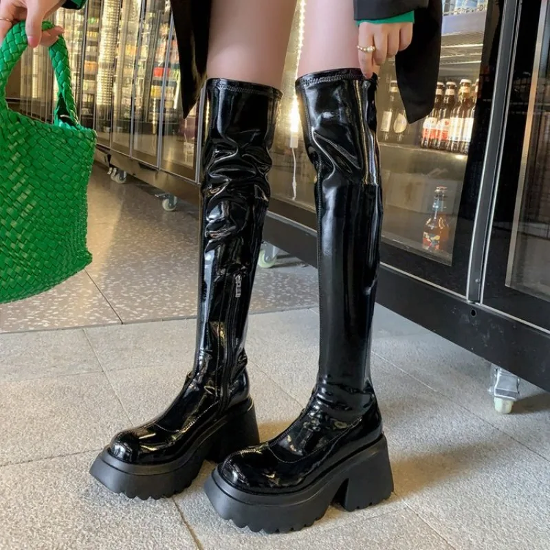 Women Thin Boots 2023 New Fashion Patent Leather Round Toe Platform Ankle Boots Knee High Boots Over The Knee Boots Woman Boots