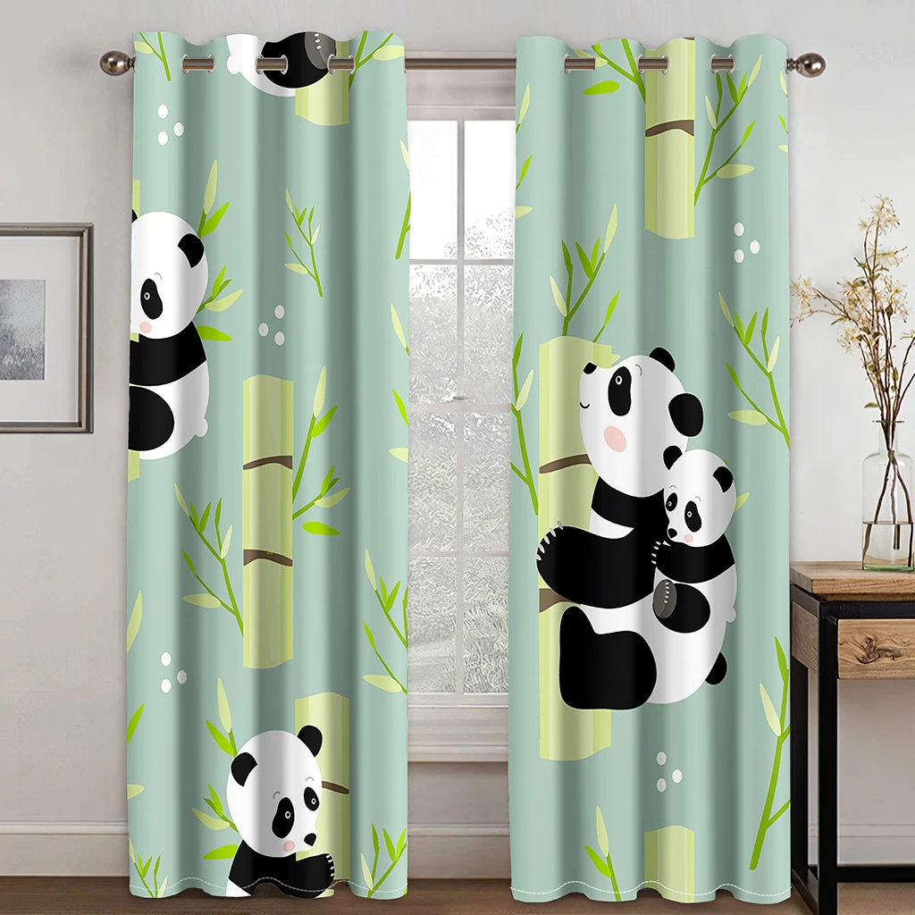 

Panda Window Thin Curtains Cartoon Style Bear Drawings Foliage Leaves Chinese 2-Panel Set Curtains for Living Room