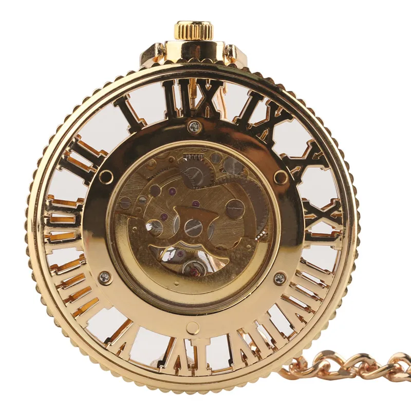 Steampunk zlatý dutý automatický mechanická kapsa hodinky pro ženy muži dutý římský cifra vytáčení hodiny přívěsek řetízek běžící pás