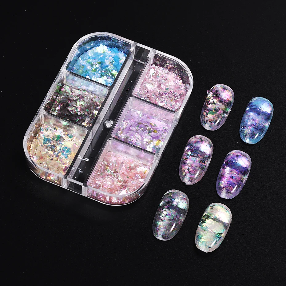 6 Griglie Unghie Iridescenti Aurora Glitter Crystal Fire Flakes Holographic Sparkle Nail Paillettes Gel Polish Charms Manicure Decor