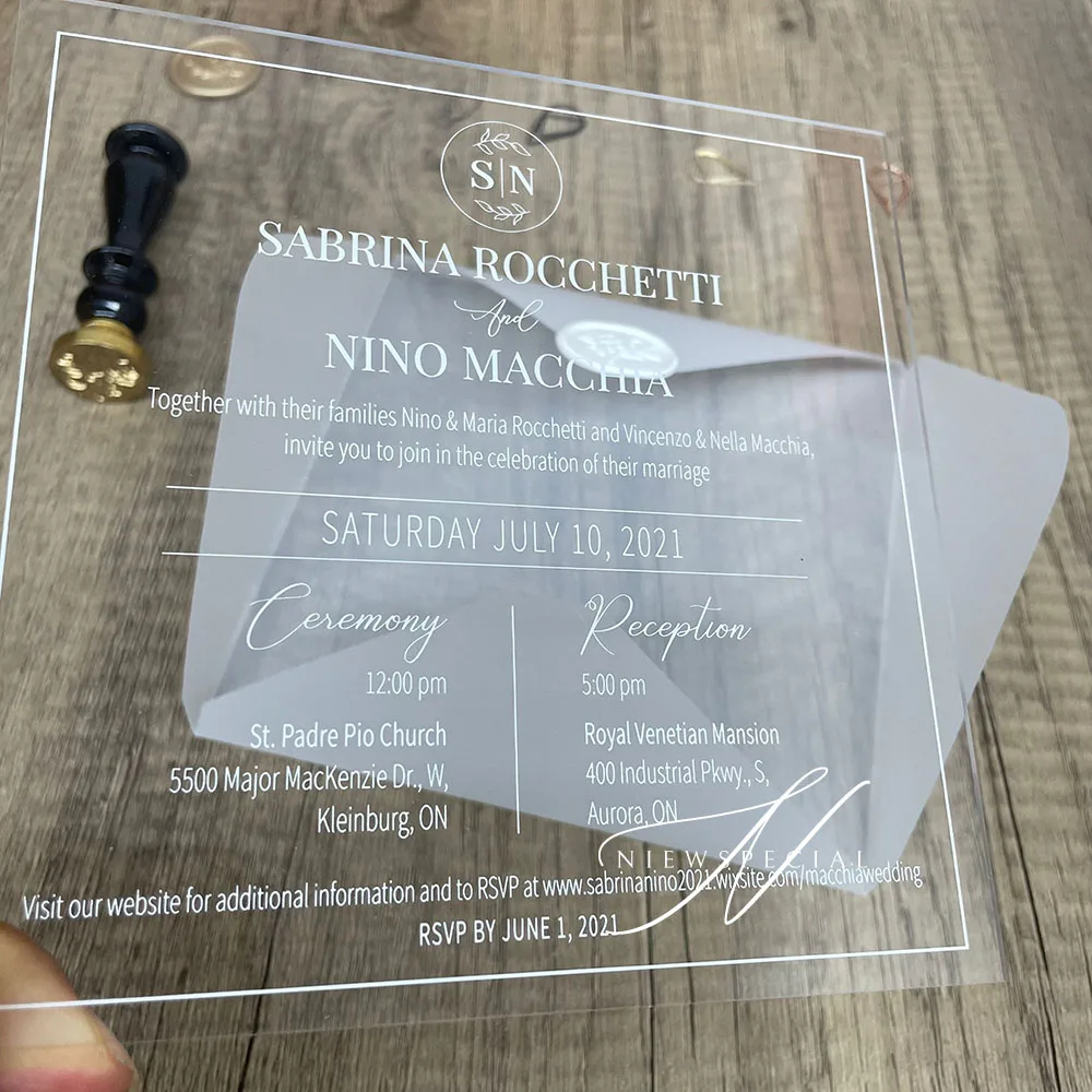 

Minimalist Custom Invitation Square Personalised Clear Acrylic Wedding Invitation with Vellum Envelope and Wax Seal