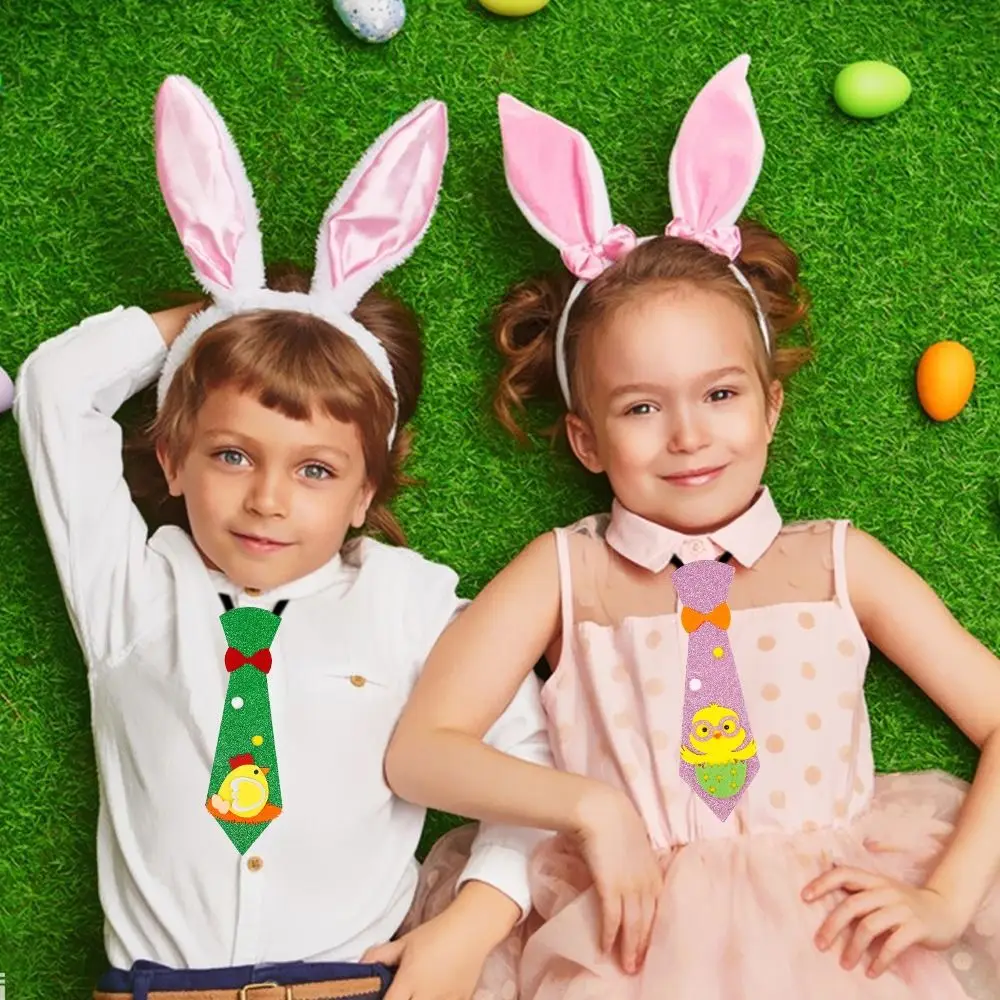 

Egg Pattern Easter Rabbit Tie Funny Shiny Chick Cartoon Tie Adjustable Bunny Easter Party Decoration Photo Props