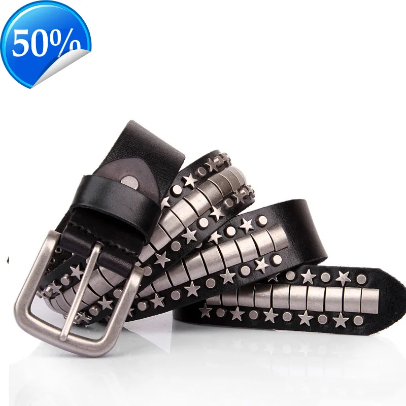 

3.8CM Cowskin Genuine Leather Belt Metal Pin Buckle Men Male Wide Cowhide Hiphop Rock Rivet s For Ceinture Black