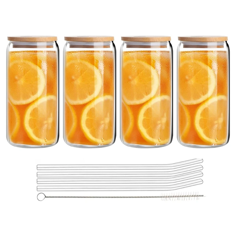 

Beer Can Glass With Bamboo Lids And Glass Straws,4 Pack 16Oz Drinking Glasses With Lids And Straws,Can Shaped Glass Cups