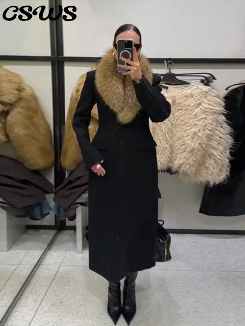 Elegant Faux Fur Wool Long Coat Women Solid Full Sleeve Lapel Patchwork Waist-closed Slim Coats Female Fashion Winter Outwear 1