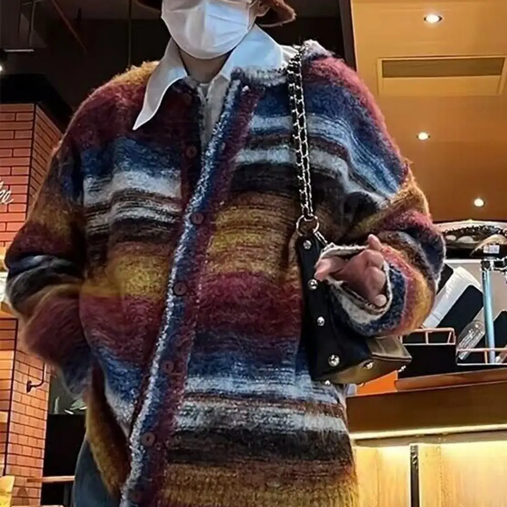 

Colorful Stripe Cardigan Retro Knitted Sweater Unisex Casual Sweater Autumn Winter Loose V-Neck Women Cardigan