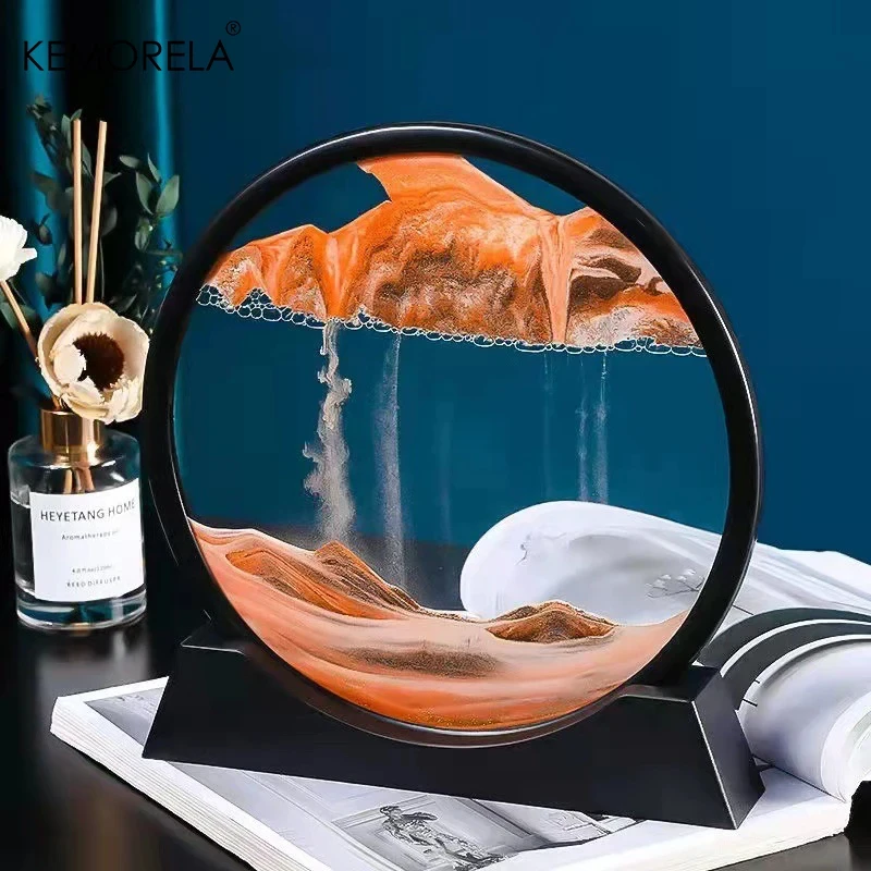 3D Moving Sand Picture 7 Inch Round Glass Ocean Sandscape Hourglass Quicksand Craft Flowing Sand Painting Office Home Decor Gift sand timer,liquid hourglass timer,colored hourglass