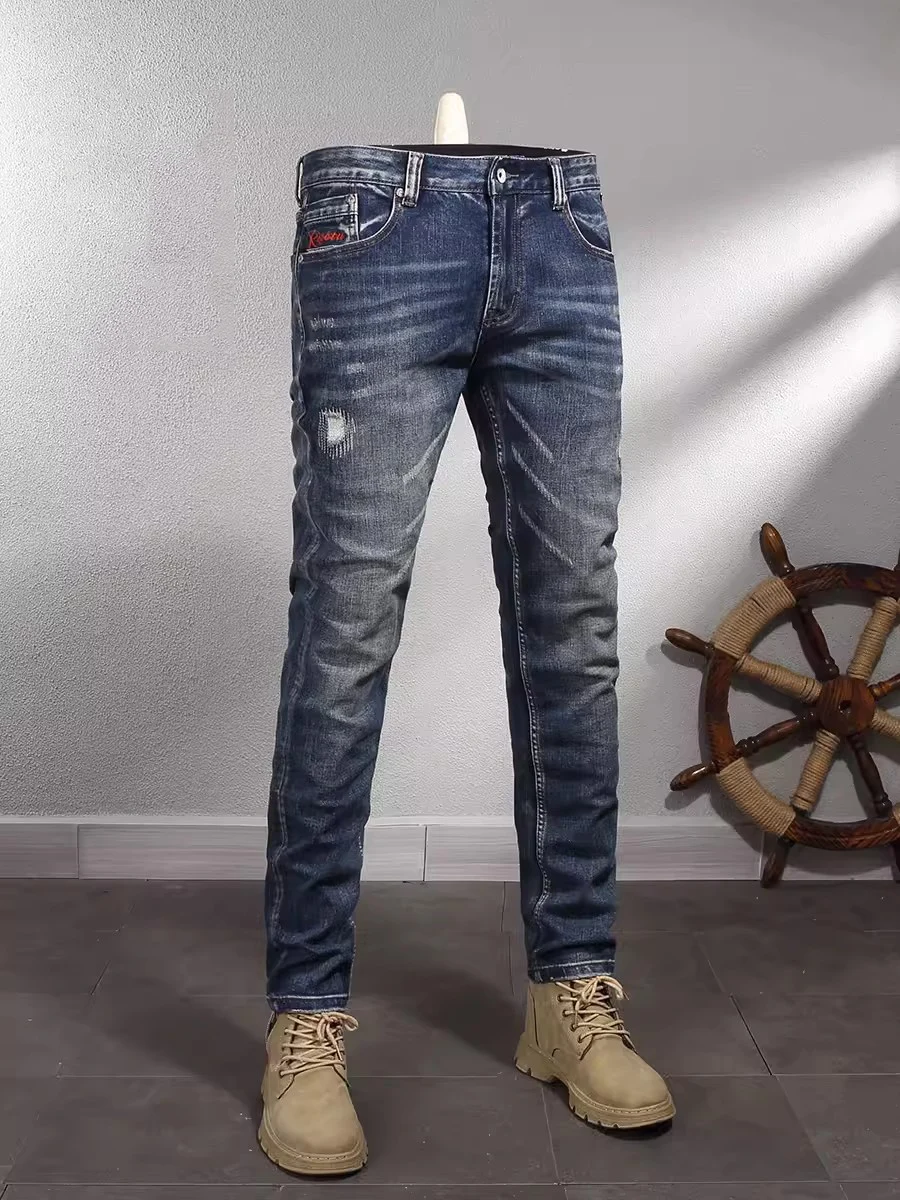 Newly Designer Fashion Men Jeans High Quality Retro Washed Blue Elastic Slim Fit Ripped Jeans Men Patched Vintage Denim Pants