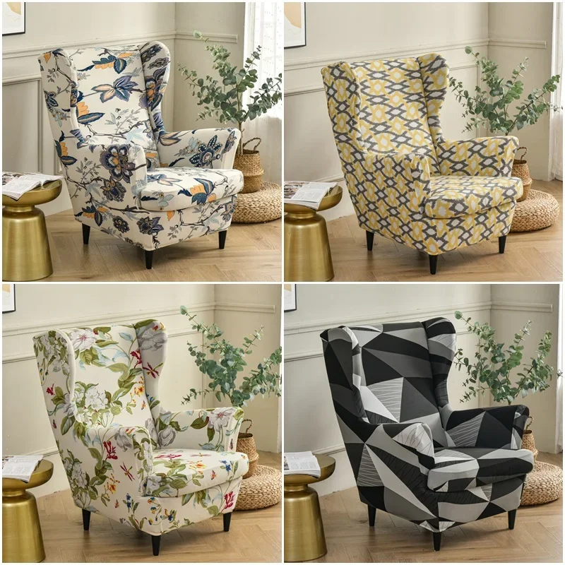 Flower Printed Wing Chair Cover Stretch Spandex Wingback Sofa Slipcovers Elastic Relax Armchair Covers with Seat Cushion Cover