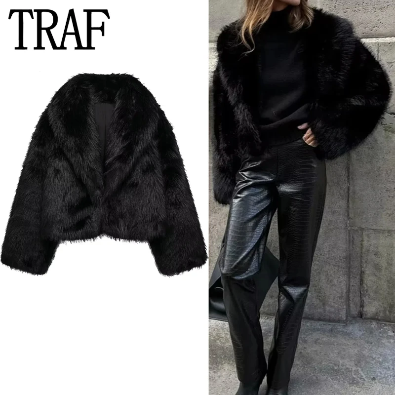 

TRAF Black Faux Fur Coat Women Fluffy Cropped Jacket Woman Long Sleeve Warm Winter Woman Coat 2023 Luxury Furry Coat Cardigan
