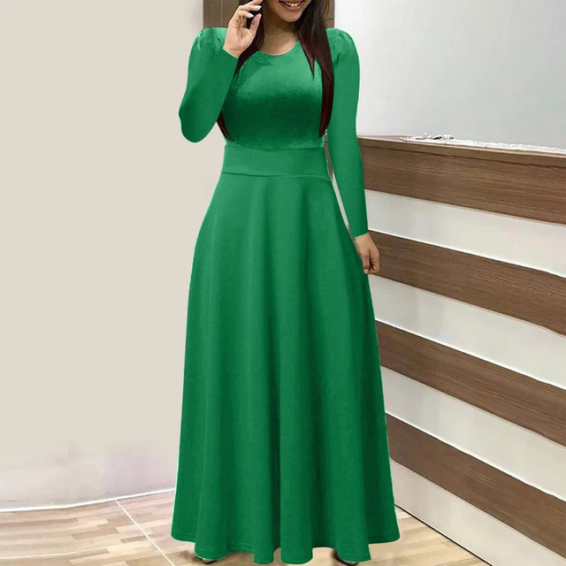 Women Casual Solid Long Sleeve Round Neck Dress Big Swing Long Dress  Sundress Short Athletic Dress Long Sundresses Women - Dresses - AliExpress