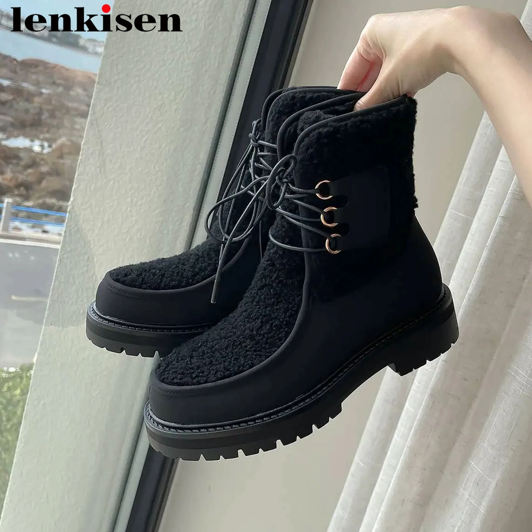 

Lenkisen 2024 Cow Split Leather Plush Keep Warm Round Toe Med Heels Snow Boots Lace Up Causal Brand Elegant Vacation Ankle Boots