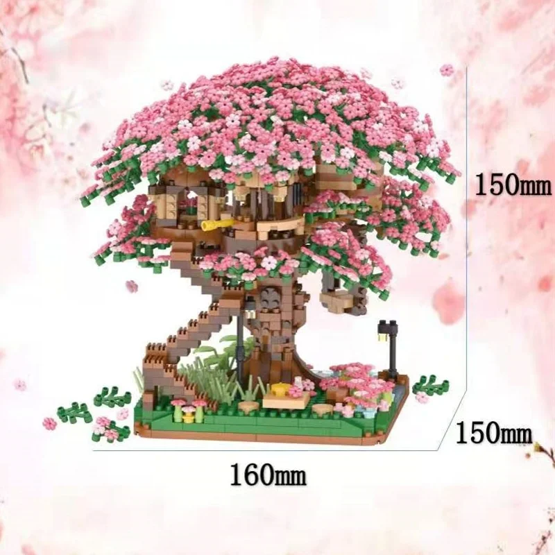 Mini Sakura Tree House With Lights Model Building Blocks City Street View Cherry Blossom Houses Bricks Kids Toys For Girls Gift 4