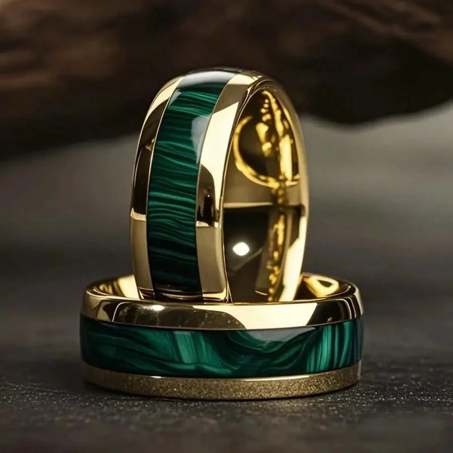 8MM Gold Color Stainless Steel Rings For Men Domed Green Abalone Shell Inlay Rings Wedding Engagement Jewelry Gift stainless steel ring