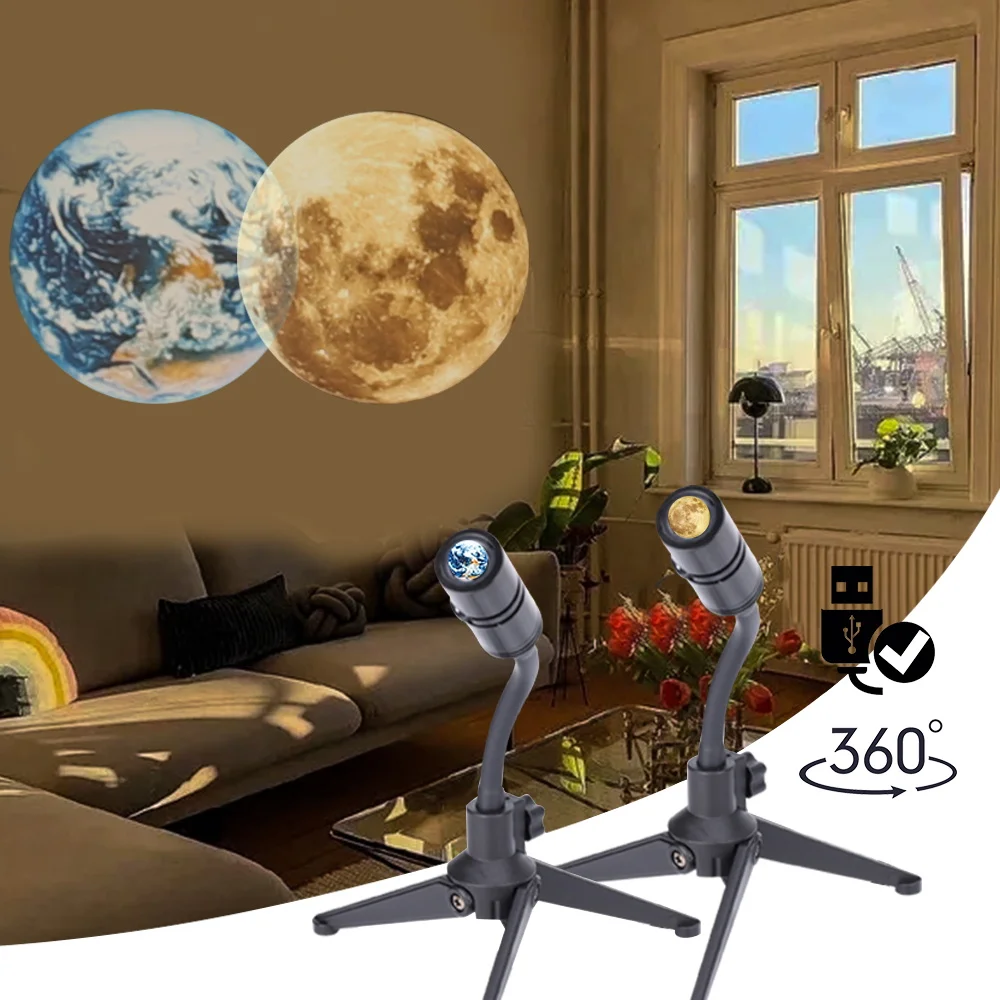 2 In 1 Earth Moon Projection Led Lamp 360° Rotatable USB Rechargeable Desk Lamp Rainbow Night Light for Kids Bedroom Decoration cool night lights