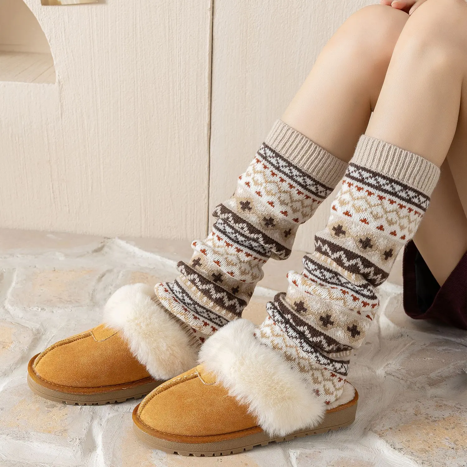 Christmas Red Leg Warmers Boho Knitted Boot Socks Yoga Ballet Dance Vintage Academic Style Thick Stacked Crew Socks Women Gift​ - 200574005