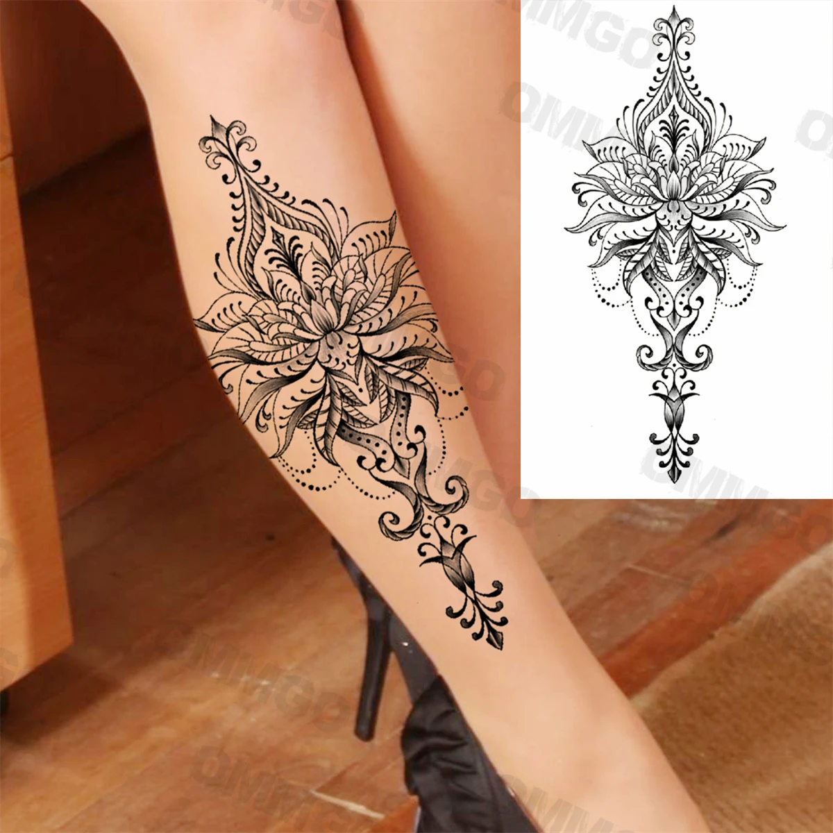 3D Black Mandala Moon Pendant Temporary Tattoos For Women Adult Girl Lotus Rose Flower Fake Tattoo Back Arm Chest Washable Tatoo