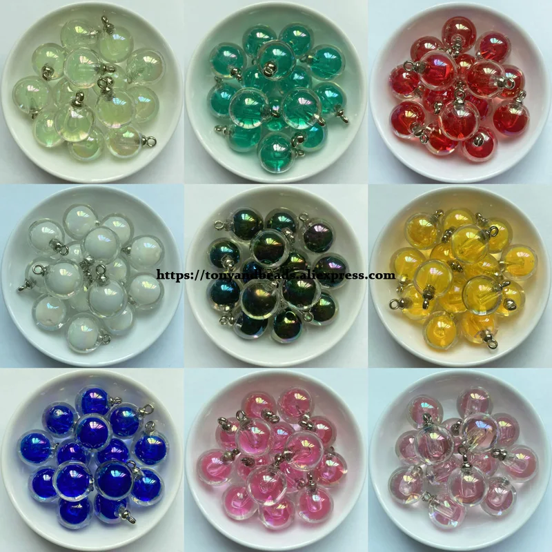 (1 Los = 10 Stück) Runde, glatte, glänzende AB-Perlen-in-Perlen aus Acryl, kleiner Anhänger, Größe 15 mm, 10 Farben für die Schmuckherstellung DIY
