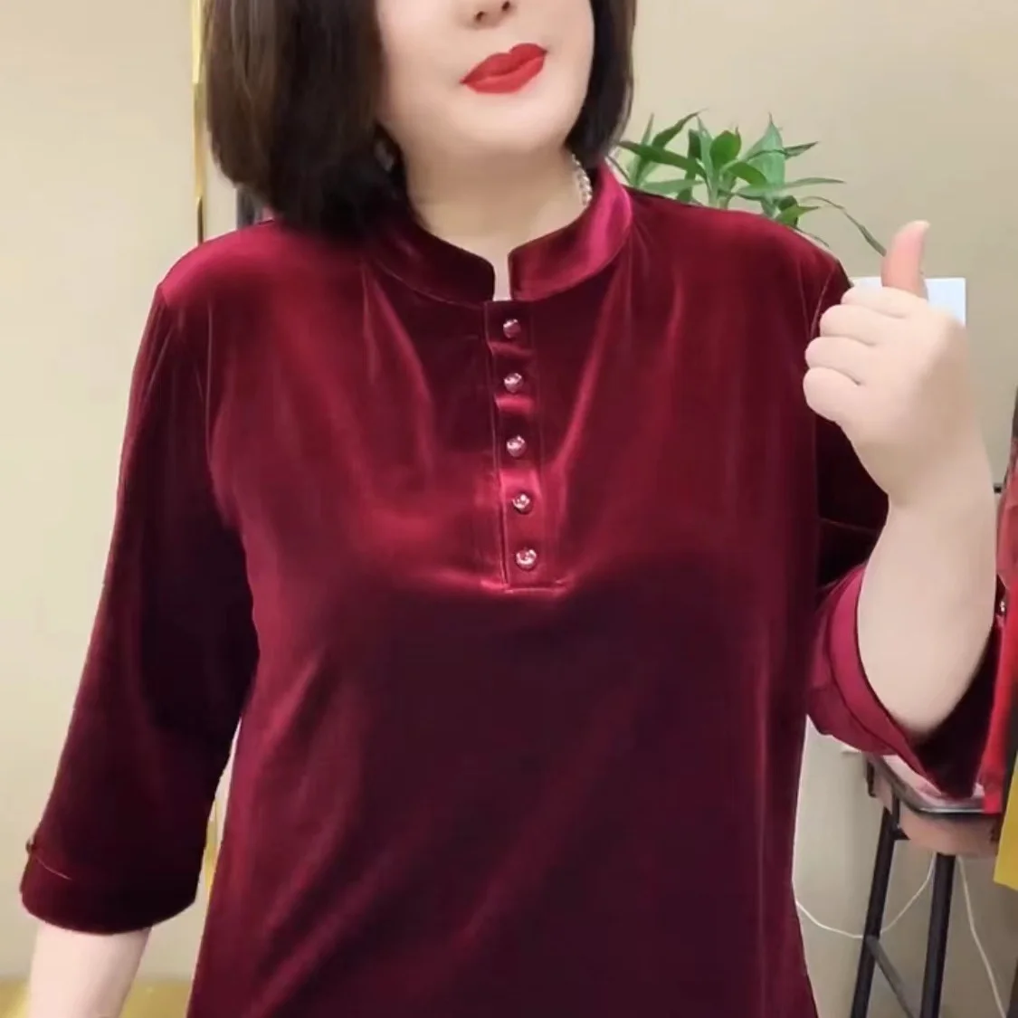 Gold Samt Frühling und Herbst Neue Modische Lose Top frauen Stehkragen Taste Gespleißt Casual Pullover – Detail 6