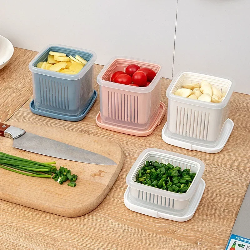Double Layer Vegetables Sealed Keeper Fresh Storage Box With Drain Basket Refrigerator Use Draining Crisper Strainers Container 3