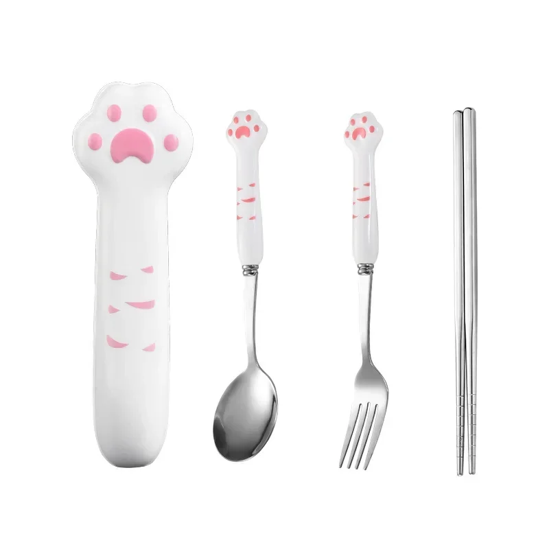 Cartoon Cute Cat Claw Spoon Fork Chopstick Set Student Children Outdoor Camping Portable Tableware Set