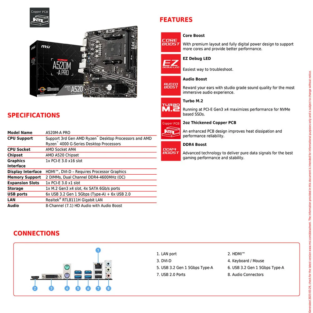 Computer Motherboard MSI AMD A520M-A PRO Support Ryzen CPU R3 R5 R7 5000 & 3000 Series AM4 M.2 NVME Dual Channel DDR4