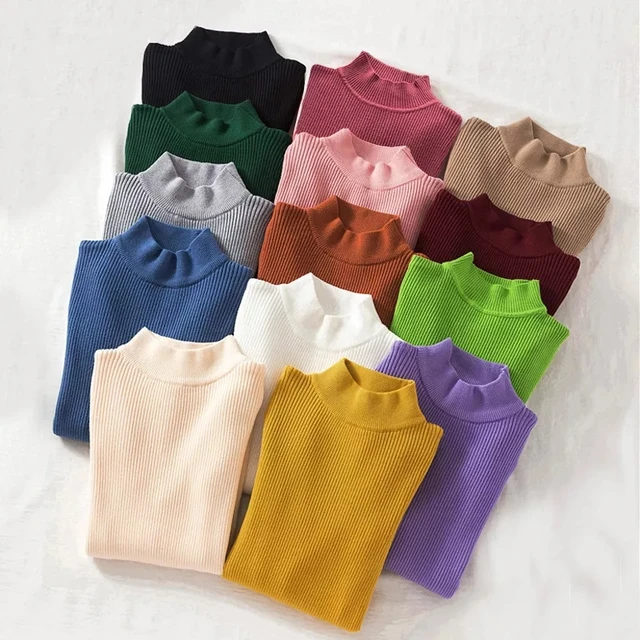 ZOKI-suéter de punto de Cuello medio alto para mujer, jersey de manga larga, blusa elástica suave negra, moda de otoño e invierno