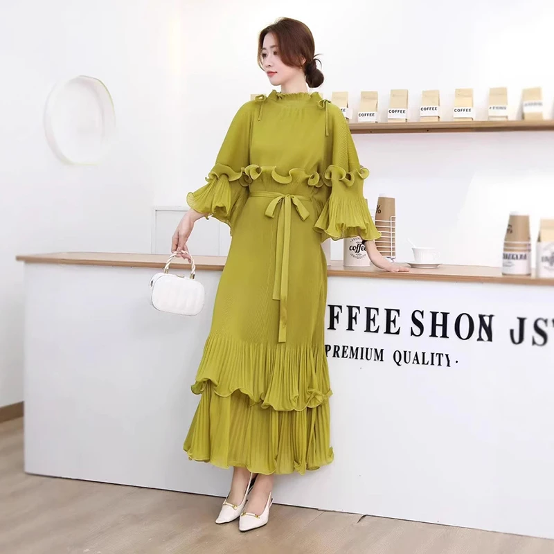 LANMREM Niche Ruffled Design Pleated Women's Dress 2025 New Temperament Patchwork Flare Sleeve Bandage Waist Dresses 2DB3777 - Image 2