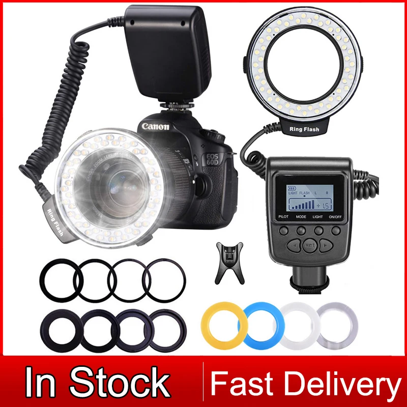 

HD130 RF-550D 48pcs Macro LED Ring Flash Bundle с 8 переходными кольцами для Canon Nikon Pentax Olympus Panasonic DSLR Camera Flash