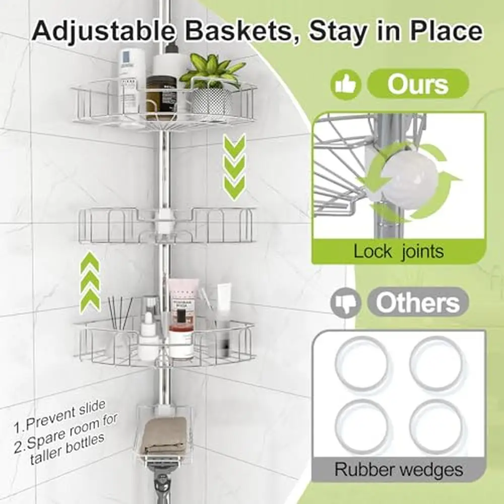 Adjustable Shower Caddy Corner Tension Pole Stainless Steel Organizer Stand Bath Storage Rack with 4 Tier Baskets and Hooks 4