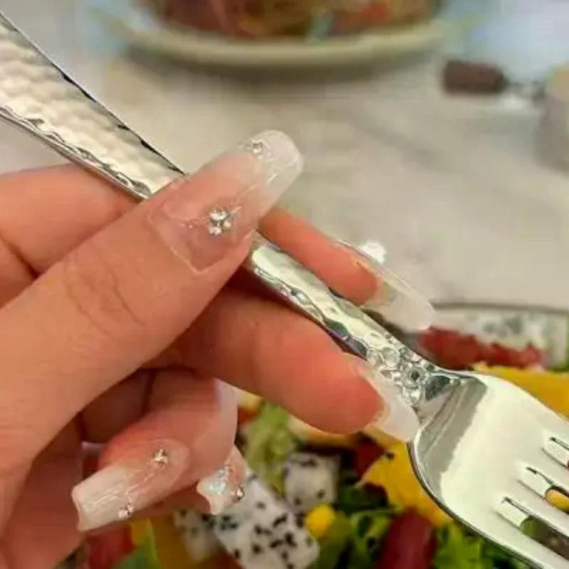 Stainless Steel Dinner Fork Long Handle Table Forks Set Korean Cutlery Four Tine Salad Dessert Fruit Forks Kitchen