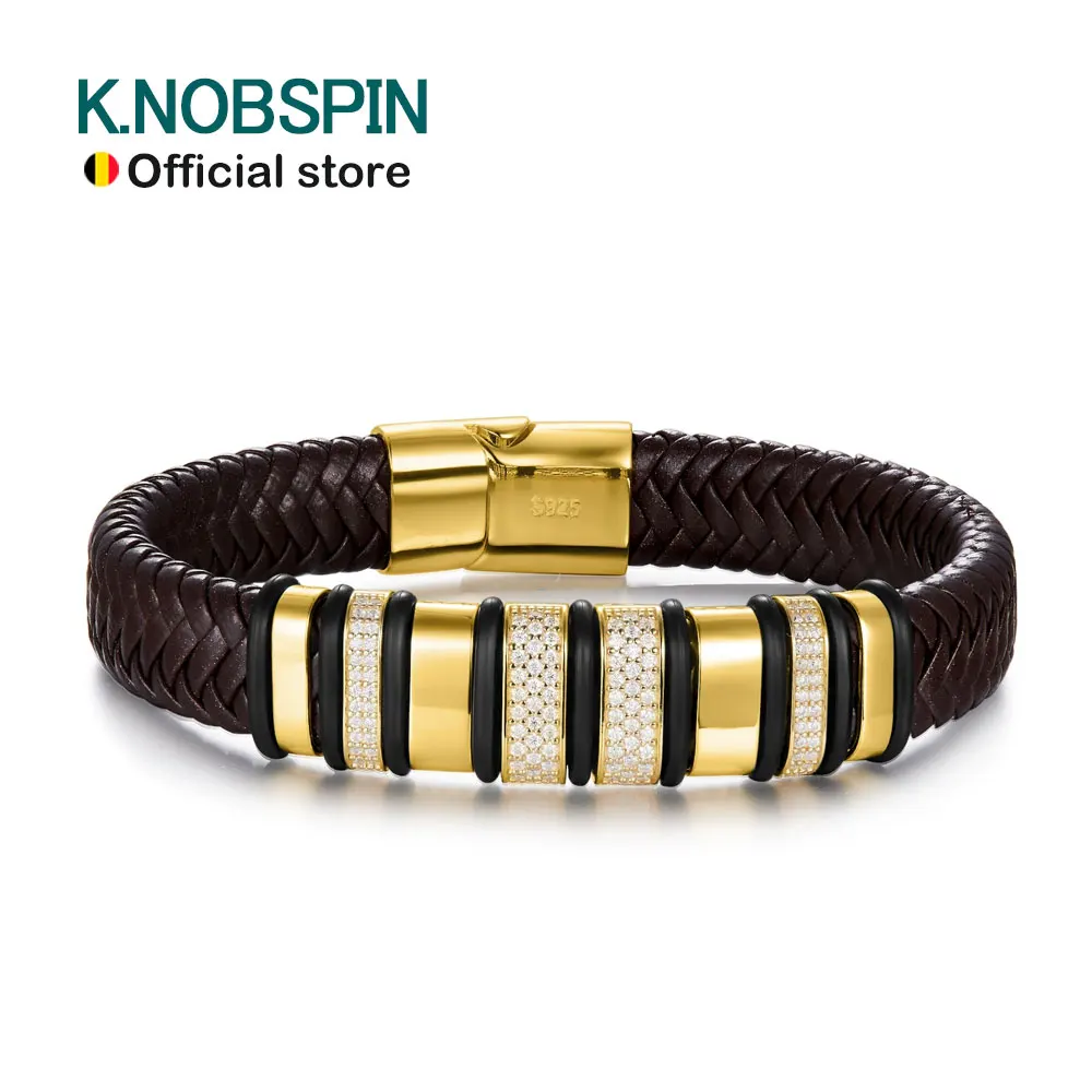 Luxury Cuban Bracelet - 8mm Leather  18k Gold Plated Sterling Silver with Lab-Grown Zircon Diamond for Men