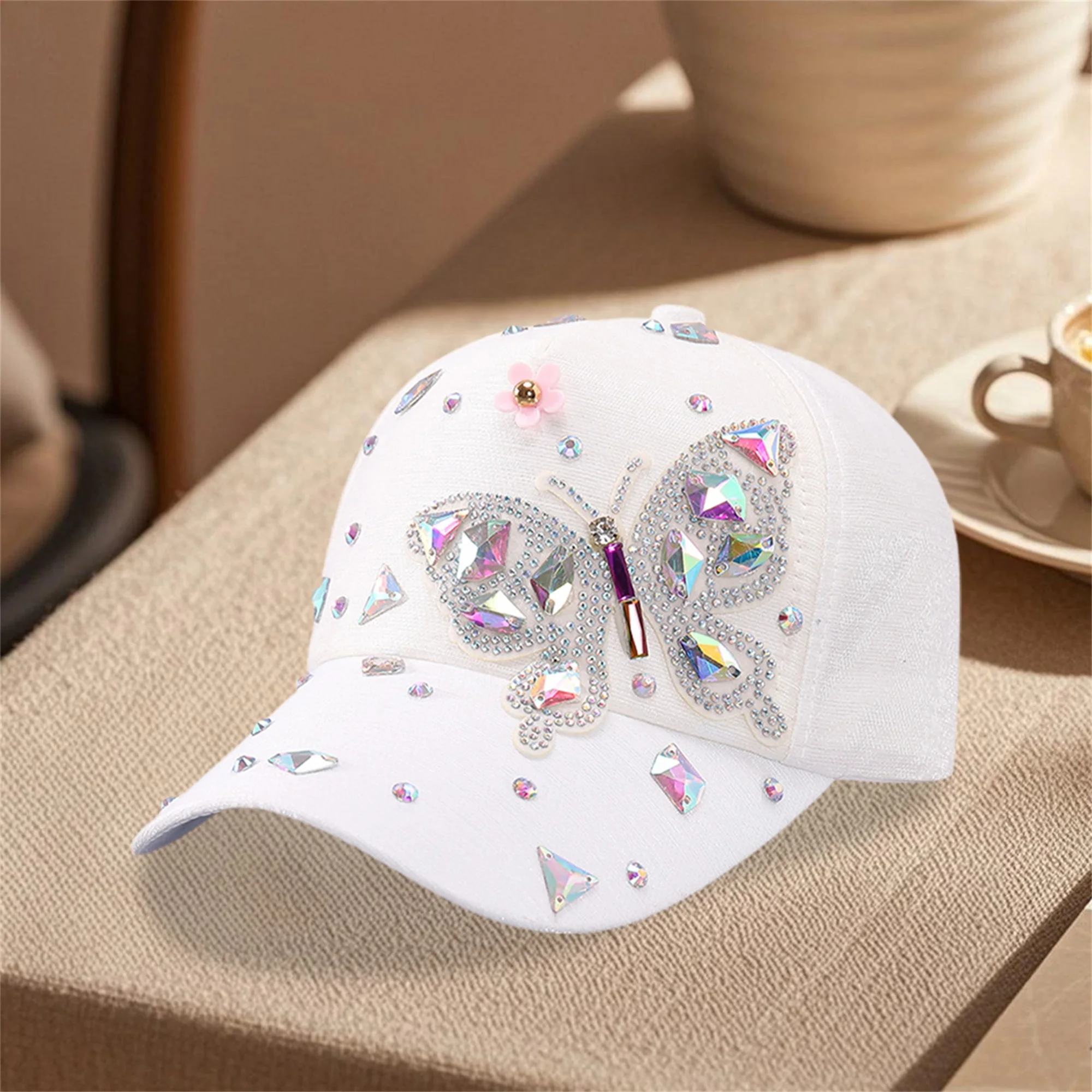 Fashionable Women s Baseball Cap with Sparkling Rhinestone Butterfly Embellishment Adjustable Strap and Wide Brim for Sun